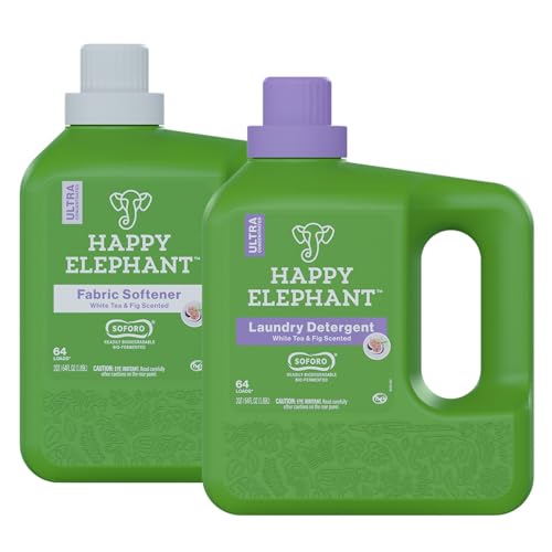 Happy Elephant Paquete líquido de lavandería – Detergente para ropa y suavizante de telas, ultra concentrado, ecológico, quitamanchas, lino fresco, alta eficiencia, 64 cargas, té blanco e higo (2 x 64