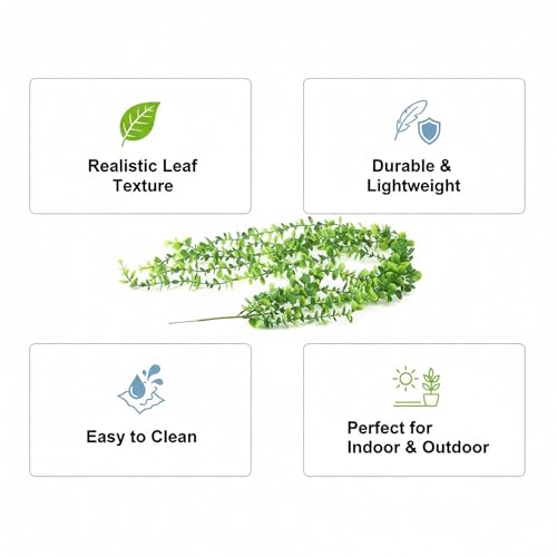 Image of CURATED CART Artificial Hanging Eucalyptus Vine - Pack of 1 with 5 Lush Green Stems, 74cm Long Faux Eucalyptus Garland for Indoor & Outdoor Home, Office, Wall & Shelf Decor - LightGreen