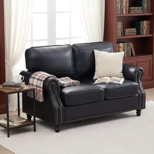 Image of Kingfun Small Leather Loveseat, 57.9 inch Mid Century Modern Leather Couch for Living Room, Bedroom, Office, Love seat Sofas, Mini Sofa with Rolled Arms and Nailhead Trim, Black