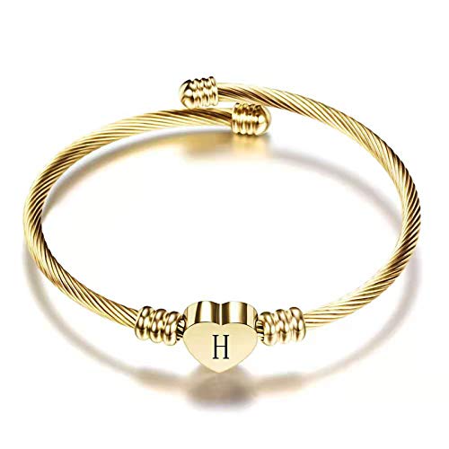 KunBead H Initial Letter Gold Bangle Bracelets Love Heart Alphabet Name Cuff Bracelet for Women Girls