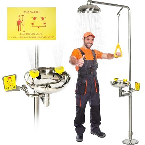 LILILIYABBAY Emergency Shower Eye Wash Station 304 Stainless Steel Eye Wash Station 90.55" Combination Eye Wash Shower Station for Industrial & Commercial & Lab Use, NPT Threads with Emergency Sign