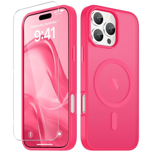 Image of YENAPOON for iPhone 16 Pro Max Case, Matte Magnetic Phone Cover [with 1 Screen Protector] [Support for MagSafe] [Shockproof Military Grade Protection] Translucent Frosted Back, Hot Pink