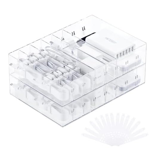 FRETONBA 2Pcs Cable Charger Organizer Box, Large Cords Storage Organizer with Adjustable Compartments and Wire Ties, Stackable Cord Organizer for Drawer - Clear