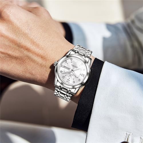 Image of OLEVS Watch for Men Classic Business Dress Analog Quartz Stainless Steel Waterproof Luminous Date Diamond Men Silver Watch
