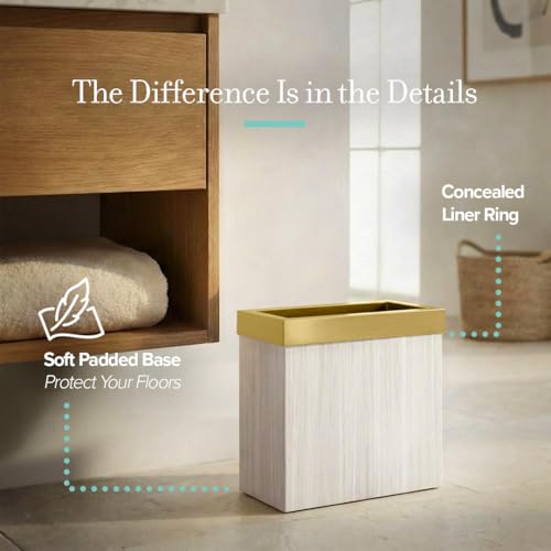 Image of Gatco Modern Rectangle Wastebasket, White Oak /Brushed Brass Lid - Stainless Steel Trash Can with Removable Lid, Leakproof, 3 Gallon Capacity for Bathroom, Bedroom, Kitchen, or Office