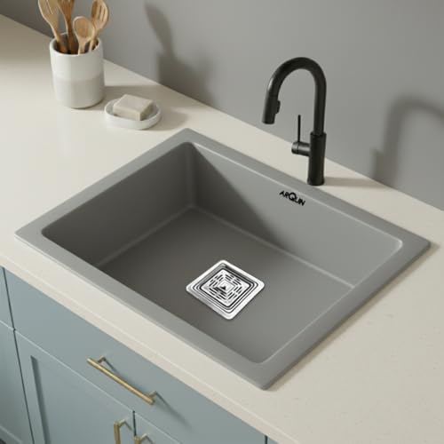 Image of ARQUIN Quartz Kitchen Sink 21x18x9 Inch Grey | Single Bowl Sink | Durable & Scratch-Resistant | Undermount /Topmount Including Coupling, Waste Pipe & Fruit Washing Basket
