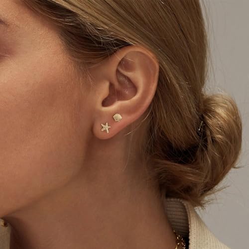 Stud Earrings for Women: Danty Tiny Starfish Turtle Shell Seahorse Octopus Nautilus Cicada Stud Ear Stack Earrings Set 14k Gold/White Gold Plated4