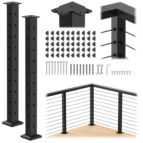 Image of 36 inch Stainless Steel Corner Cable Railing Post 2 Pack, Black Top Mount Corner Line Post with Grommets for Deck Railing Systems, Indoor & Outdoor Use, MY08-C