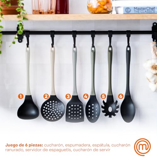 Masterchef Utensilios de Cocina con Cucharas, Espatula, Cazo para Sopa, Espumadera y Cucharon, Resistentes al Calor, Set Menaje, Accesorios Antiadherente, Gris - imagen 2