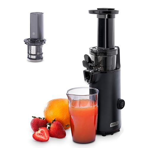 Image of DASH Deluxe Compact Masticating Slow Juicer, Easy to Clean Cold Press Juicer with Brush, Pulp Measuring Cup, Frozen Attachment and Juice Recipe Guide - Black