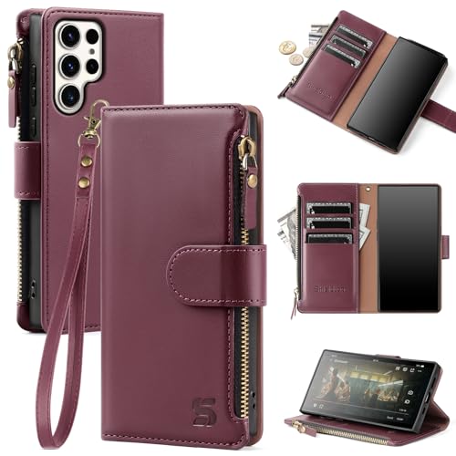 Shieldtop for Samsung Galaxy S23 Ultra 5G Wallet Case with Card Holder Women Men,Galaxy S23 Ultra 5G Phone Case [RFID Blocking] PU Leather Cover Strap Zipper Credit Card Slots,Wine Red