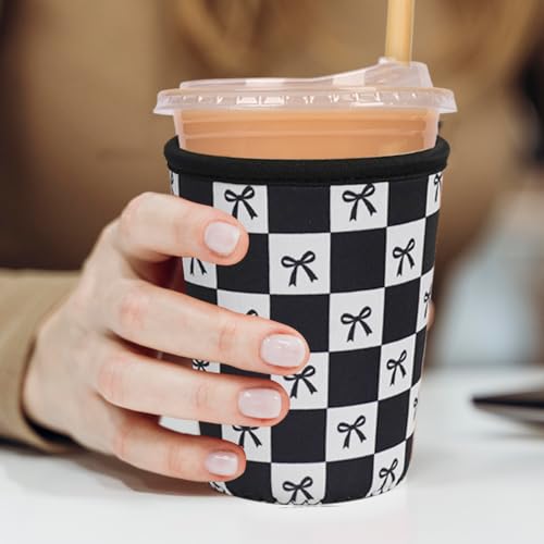 Image of Reusable Insulated Neoprene Iced Coffee Cup Sleeve, Durable Drink Sleeve for Cold Beverages, Beverage Holder for Iced Coffee, Black Checkered Bows