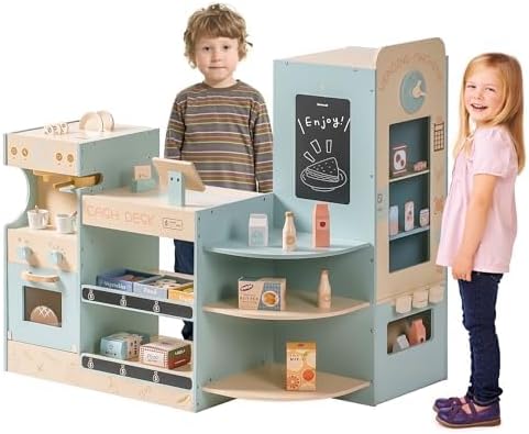 ROBOTIME Kids Grocery Store Playset with Checkout Counter, Vending Machine, Coffee Maker & Baby Walker with Toy Storage for Pretend Play