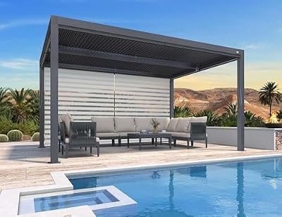PURPLE LEAF Louvered Pergola 94AS 10' x 14' Outdoor Aluminum Pergola with Shade Screen Adjustable Roof for Deck Backyard Grey Hardtop Gazebo, 1 Long Side