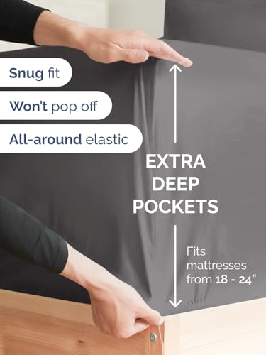 Image of Extra Deep Cal King Fitted Sheet - Single Fitted Sheet Only - Dark Grey | Easily Fits 18 inch to 24 inch Mattress, Soft, Wrinkle Free, Breathable & Comfy, Extra Deep Pockets Hotel Luxury Fitted Sheet
