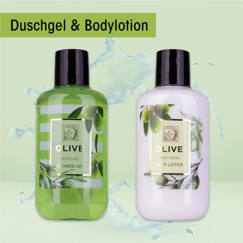 Accentra – Duschset Frauen Geschenkset OLIVE in schöner Geschenkbox, 4-teiliges Pflegeset mit Duschgel, Bodylotion, Körperbutter und Netzschwamm – Wellness Geschenk Set zum Geburtstag & Valentinstag – Bild 5