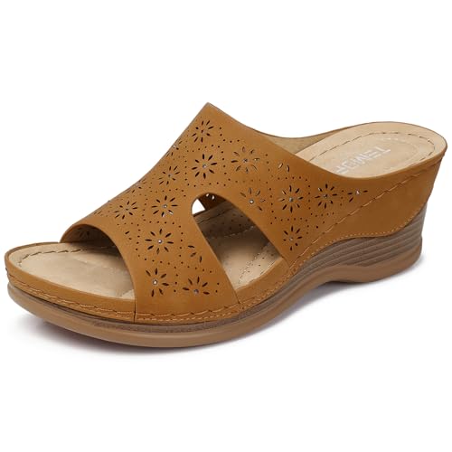 Image of TEMOFON Women Wedge Sandals Dressy: Comfortable Lightweight Summer Shoes | Low Wedge Heel - Fit Wide Feet - Comfy Stylish Slip on Sandals Size 5-11