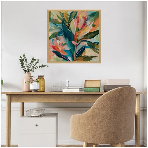 Kate and Laurel Colorful Tropic Botanical Abstract Neutral Linen Framed Canvas Wall Art by The Creative Bunch Studio 22 x 22 Sylvie Bright Gold, Bohemian, Abstract, Flowers Art for Wall Decor, Living by Kate and Laurel - Used condition - Image 4
