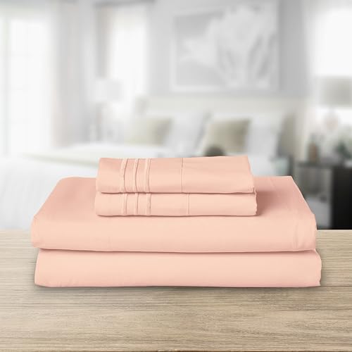 Image of Elegant Comfort Luxurious 1500 Premium Hotel Quality Microfiber Three Line Embroidered Softest 4-Piece Bed Sheet Set, Wrinkle and Fade Resistant, Queen, Blush Pink