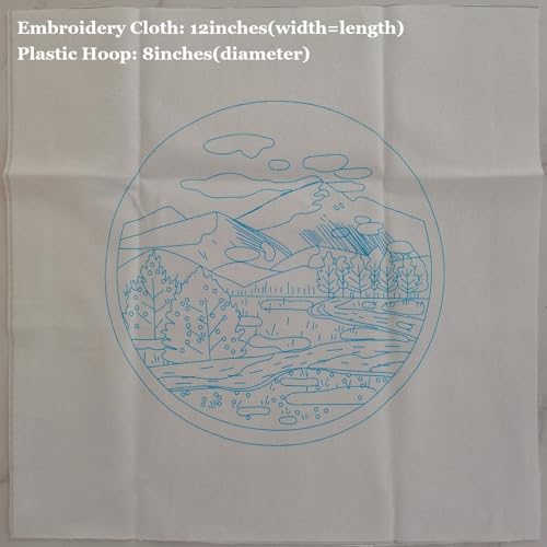 Image of Esffaci Embroidery Starter Kit for Adult Beginner with Mountain Landscape Tree Flower Scenery Pattern Hand Embroidery Set with Embroidery Cloth Floss Hoop Needle Threader and Instruction