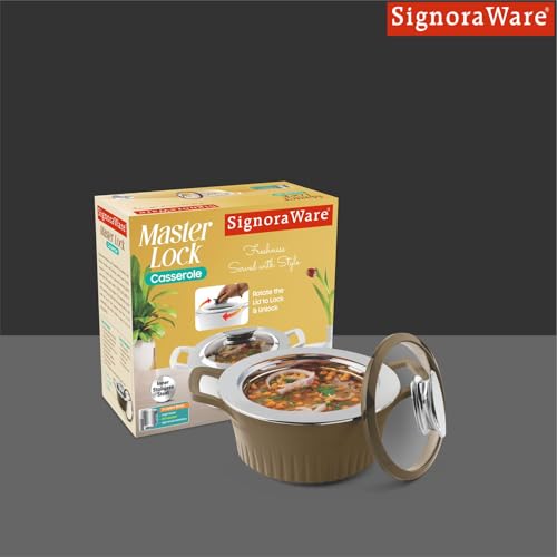 Image of SignoraWare Master Lock BPA Free Plastic Casserole with Glass Lid | Airtight & Leakproof | Microwave Safe | Perfect for Home, Kitchen & Gifting | Ideal for Storing & Serving Hot Meals (1 Ltr |Brown)