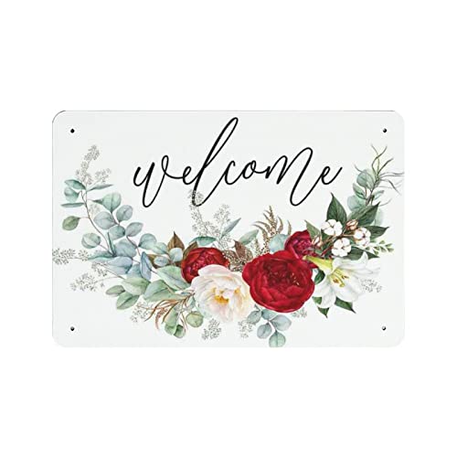 DJNGN Welcome Wreath Peony Lily Retro Metal Sign Wall Tin Posters Home Wall Art Bar Café Salle De Bains Cuisine Garage Jardin Ferme Man Cave Décor Nouveauté...