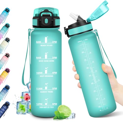 KollyKolla Trinkflasche 1L, Sport Wasserflasche, Trinkflasche mit Strohhalm & Zeitmarkierung, Auslaufsicher, Ideal für Gym, Yoga, Camping… – Ansicht 1