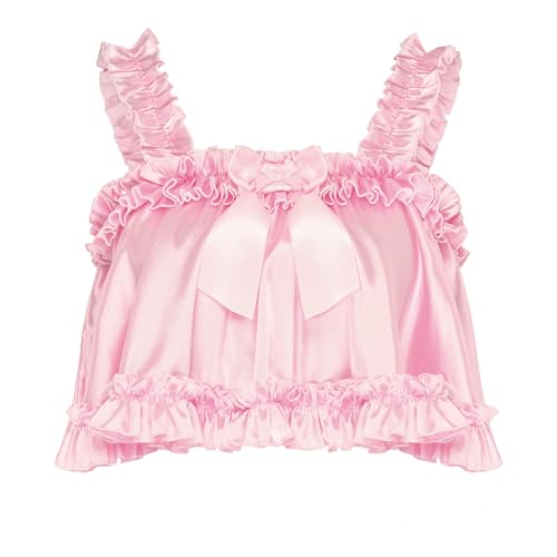 Satini Lingerie Satin efféminé Ourlet Roulotté Froufrou Cami Haut (Rose Clair, XL)