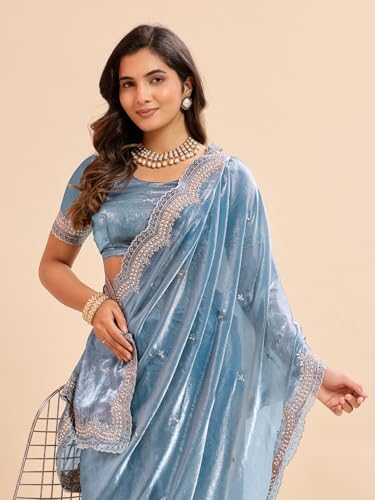 Image of Embellished Embroidered Pure Chiffon Heavy Work Saree