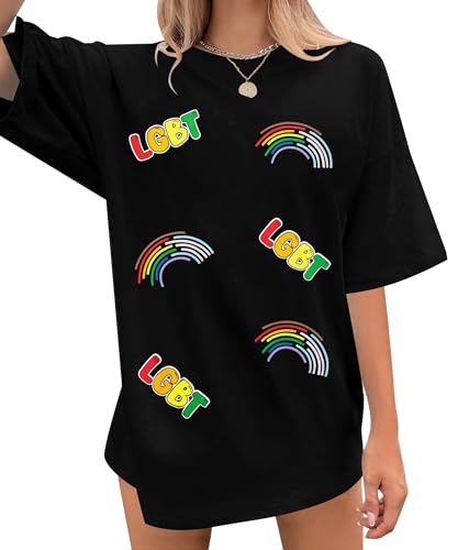 Image of Pride Shirts for Women: Lesbian Pride Shirt Oversized LGBT Girl Kisser Shirt Rainbow Graphic Tee Casual Short Sleeve Top