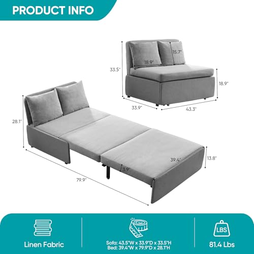 Image of BALUS 43 inch W Twin Pull Out Sofa Bed Couch Loveseat Sleeper Sofas with Pullout Beds, 2 in 1 Convertible Guest Sleepers Sofabed with Pillows and Tri-fold Mattress for Living Room Apartment, Light Grey