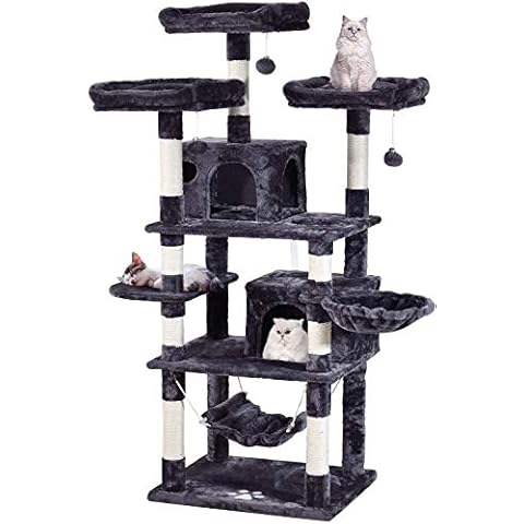 JISSBON Cat Tree 66.9Inch Multi-Level Large,Activity Centre Cat Tower Furniture,Sisal-Covered Scratching Posts,3 Padded Plush Perches,Dual Condo & Basket,Removable Hammock for Large Cats,Smokey Grey Cover