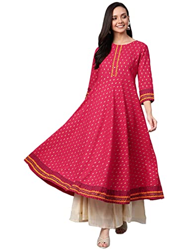 Image of Yash Gallery Womens Cotton Gold Printed Ethnic Wear Anarkali Kurta