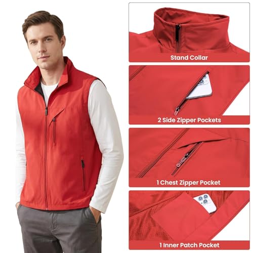 Image of Mens Vests Outerwear Windproof Lightweight Softshell Sleeveless Jacket | Breathable Zip Up Multi-Pockets Quick Dry Sports Vest for Golf Hiking Fishing Running