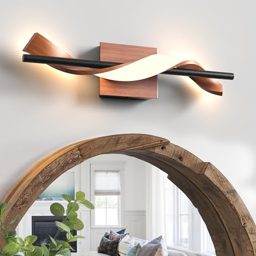 Image of Farmhouse LED Wall Sconce, 3000K Dimmable LED Bathroom Light Fixture, 17.9 inch Vanity Light Over Mirror, Wood Indoor Wall Lamp for Bedroom, Living Room