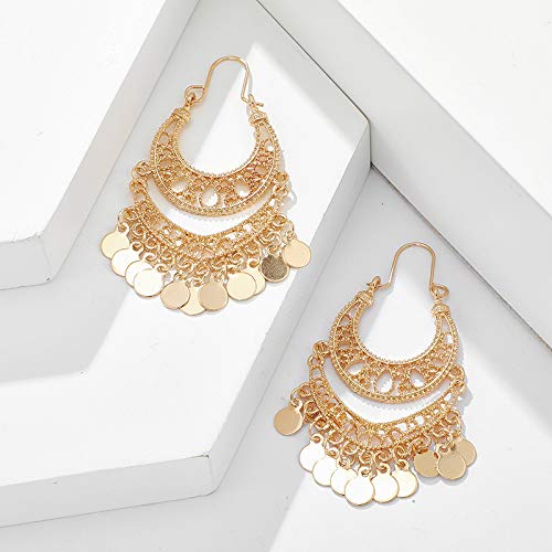 Bohemian Chandelier Tassel Sequins Dangle Drop Earrings Gold Filigree Earrings Coin Disc Hoop Earrings For Women Girls Statement Jewelry-Long #TOP1