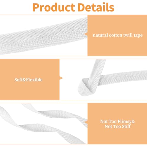 Soft Natural Twill Tape Ribbon Herringbone Webbing Sewing for DIY Craft Making, 100% Cotton Ribbon for Packing Garment Accessories Handmade Seed Tape (White)