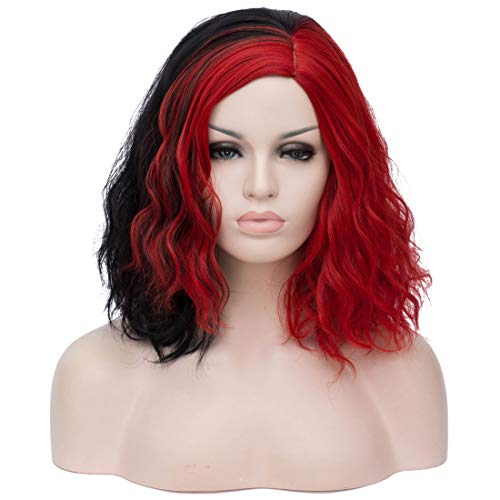 Cying Lin Short Bob Wavy Curly Wig Black and Red Wig For Women Cosplay Halloween Wigs Heat Resistant Bob Party Wig+Wig Cap(Black and Red)
