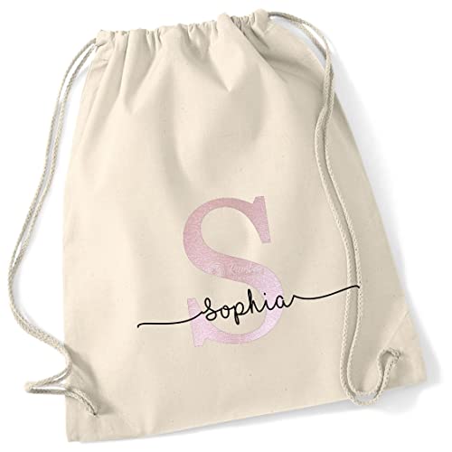 minimutz Personalisierter Turnbeutel mit Buchstabe und Name | Motiv Monogramm Initiale | Bedruckter Stoffbeutel Kordel-Rucksack zum Zuziehen | Geschenk-Idee Schulanfänger Geburtstag (natur)