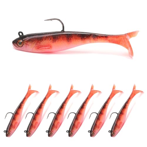 6-Piece Pre-Rigged Jig Head Soft Plastic Fishing Lures - Paddle Tail Swimbaits for Bass Fishing, Shad or Tadpole Lure with Spinner, Premium Fishing Bait for Freshwater Saltwater, Trout Crappie