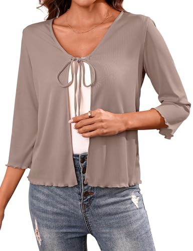 Image of Aiboria Women's Tie Front Shrug 3 /4 Sleeve Ribbed Bolero Lightweight Cropped Cardigan S-XXL