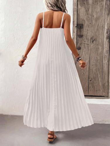 Image of Women's Summer Casual V Neck Sleeveless Strappy Pleated Flowy Loose Maxi Long Beach Dress