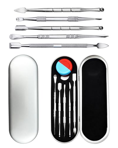 YETOOME 6 Pcs Wax Carving Tool Set with 5 ml Silicone Container and Portable Metal Case, Double-Ended Carving Tool Stainless Steel Wax Sculpting Tools for Wood, Wax, Clay, Pottery, Silver