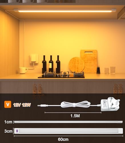 Hensam Under Cupboard Kitchen Lights,60cm Hand Wave Actived Under Cabinet Lights,60-LED Super Bright Closet Lighting,Dimmable LED Light Bar for Counter,Shelf,Wardrobe,2700K Warm White,Power Adpter
