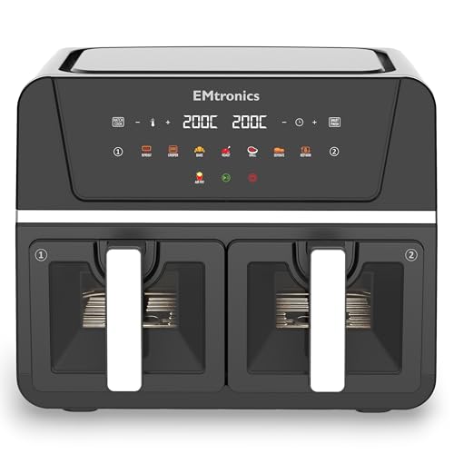 EMtronics 9L Dual Zone Air Fryer with Windows 2400W Family Size, 8 Preset Cooking Mode, Match Cook & Smart Finish Functions, 9 Litre - Black