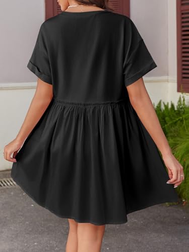 Image of Wenrine Womens Short Sleeve T Shirt Dress Summer Babydoll Patchwork Swing Casual Mini Dresses Black, Large