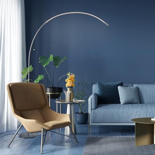 Lightbox LED Bogenstehlampe | 1,7 m H&ouml;he | Stehleuchte mit Kopf-Schalter, dimmbar (CCT) | LED Lampe (1440lm, 18W) | Standleuchte auch als Schlafzimmer, B&uuml;ro und Flur Lampe | aus Metall in Silberfarben