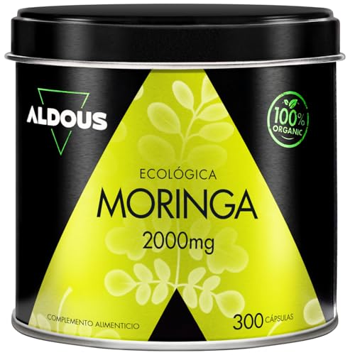 Moringa Capsulas Pura 2000mg - 300 Cápsulas - Superalimento Antioxidante Natural - Energía y Bienestar Diario - Moringa Natural con Certificado Ecológico - Sin Estearato de Magnesio - Aldous