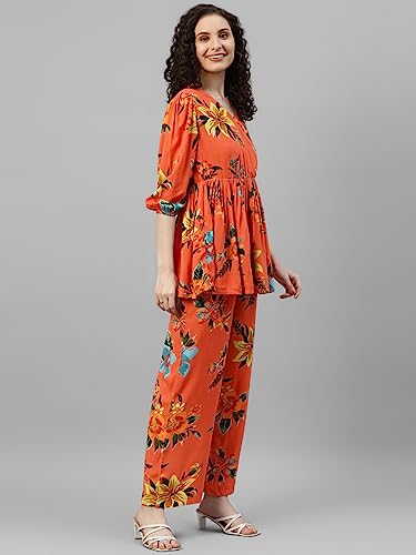 Image of DEEBACO Women's Floral Rayon Flared Tunic & Straight Pants Co-Ord Set for Women V-Neck & 3 /4 Puff Sleeve Ladies Party Casual Wear Fashionable for Girls Relaxed Fit Cord Set (Orange)