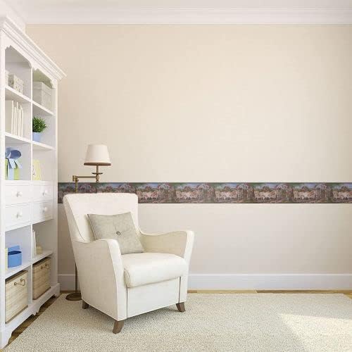 CONCORD WALLCOVERINGS ™ Classic Garden Wallpaper Border Featuring Table and Chair Beside Alcove, Colors Green Blue White Red, Size 10.25 Inches by 15 Feet WE670B